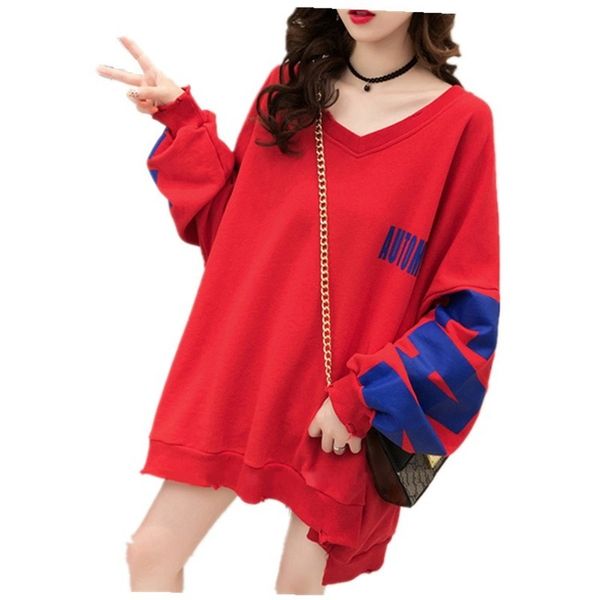 

2021 new hooded sweatshirt sweater cotton desk women's v-neck loose knit thin korean autumn winter large long sleeve coat shu3, Black