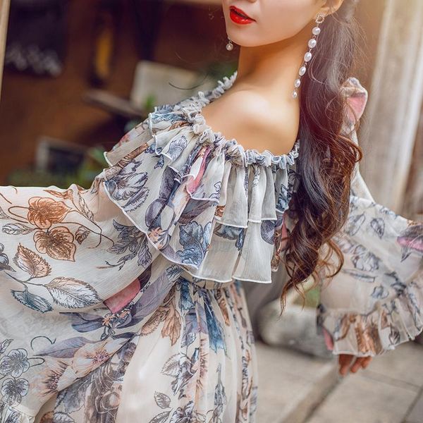 

casual dresses 2021 summer elegant maxi dress slim print floor to ceiling flared sleeves and natural slant neck collar party women, Black;gray