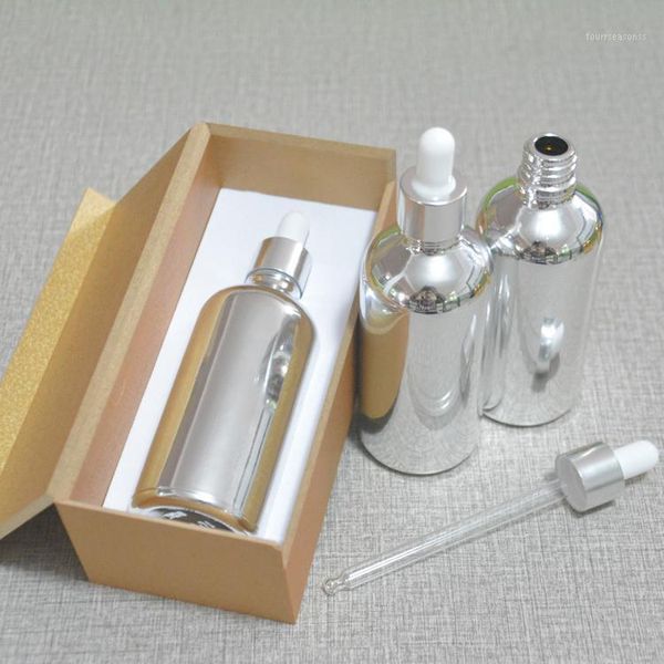 

4pcs 100ml vacuum plating silver empty dropper bottle with wooden box,glass essential oil bottle, perfume subpackage jar1