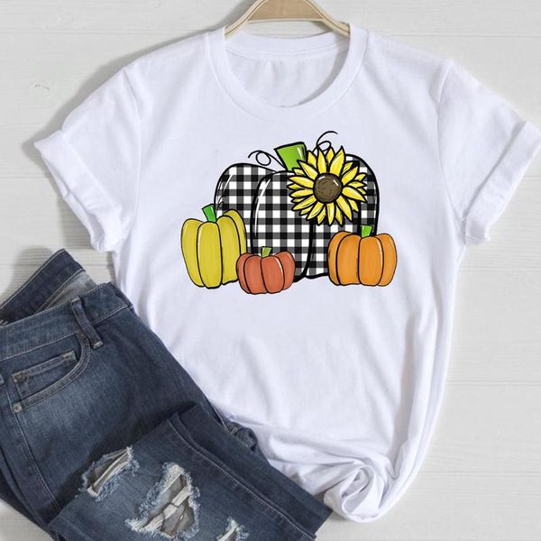 

women's t-shirt autumn fall graphic clothing tshirt 90s t female tee print women plaid pumpkin 2021 style thanksgiving halloween, White