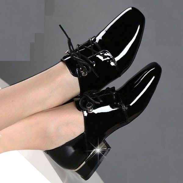 

eagsity patent leather square heel women dress shoes basic pointed toe lace up office lady pumps thin heel wedges slingback, Black
