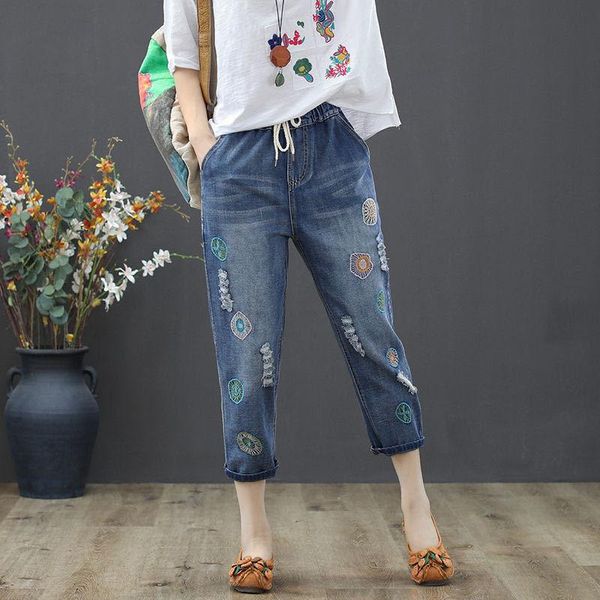 

women's jeans woman pants elastic waist long johns loose embroidered high ripped straight pantalones vaqueros mujer, Blue