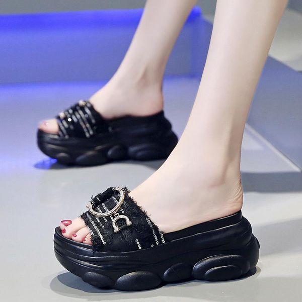 

slippers 9cm/3.5 inch height wedge sandals fashion summer slides outdoor shoes flat platform thick bottom beach, Black