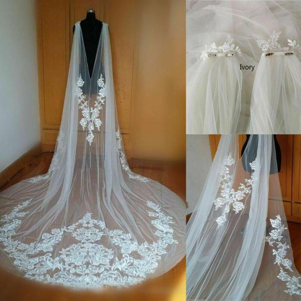 

bridal veils cathedral wedding cape jacket cloak 3m long lace shoulder veil plus size, Black