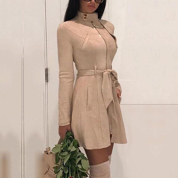 

women's trench coats winter warm long coat women suede leather button bow tie sashes slim outwear 2021 trendy female outwears, Tan;black