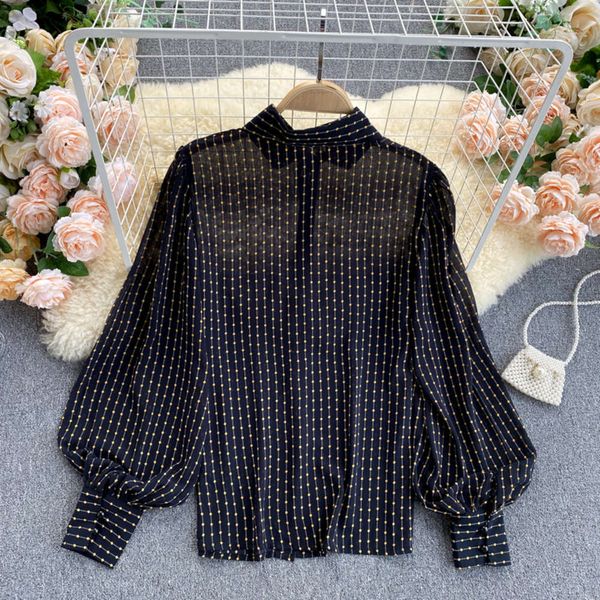 

luxury lady's chiffon long and french lantern versatile sleeve loose shirt pop fashion 2021, White