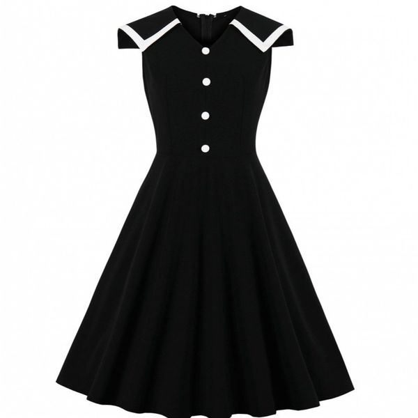 

elegant vintage woman's dress big black swing sailor's collar a line clothed with 2021 fashion buttons streetwear dresses smdj, Black;gray