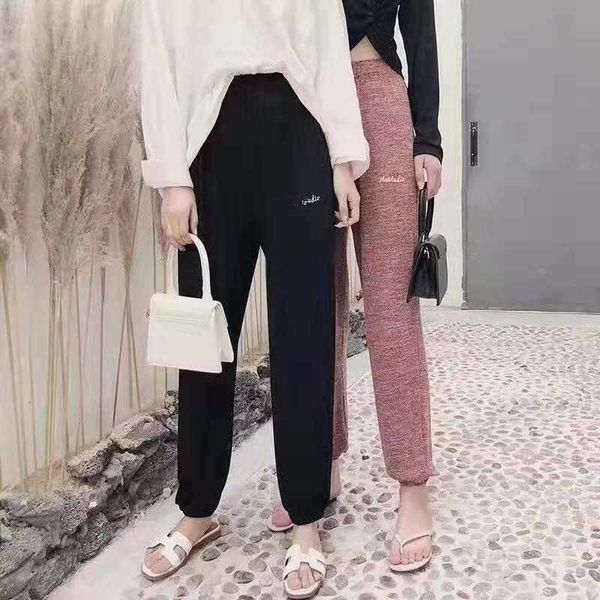 

women's pants & capris women thin lady knit pant letter embroidery spring summer elastic waist trousers femme home wear clothes 81on, Black;white