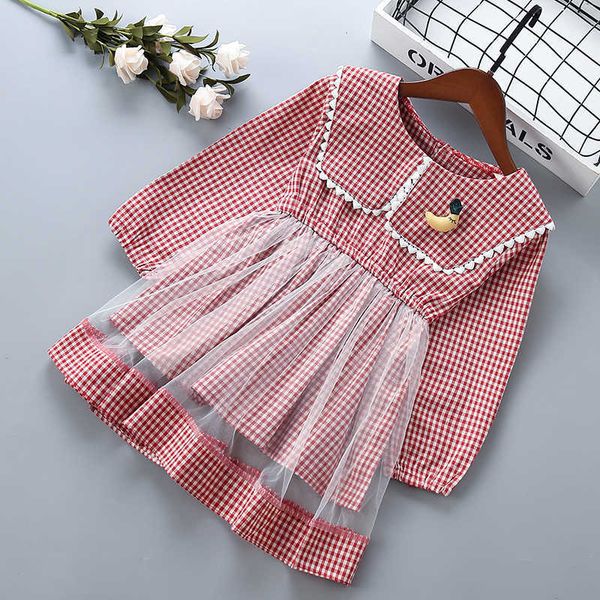 

2-7 year girl dress autumn mesh cotton plaid flower lace kid children clothing girls party princess 210615, Red;yellow
