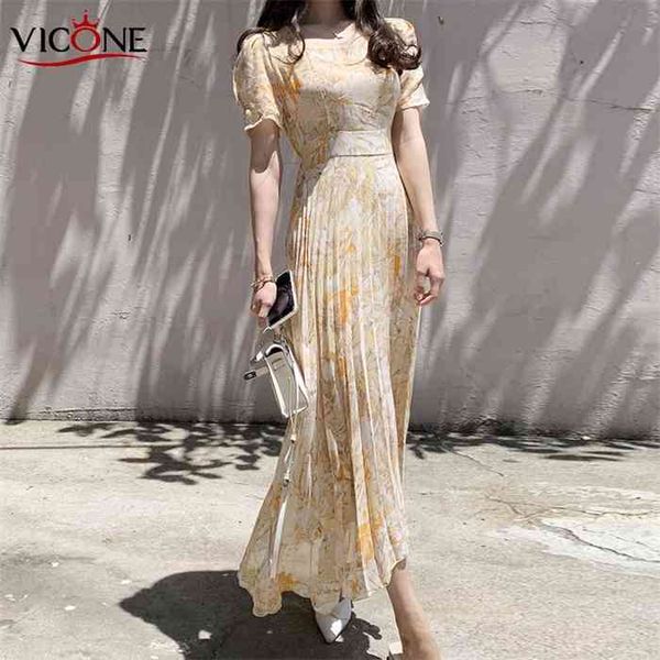 

vicone square collar watercolor large flower chiffon pleated long dress, Black;gray
