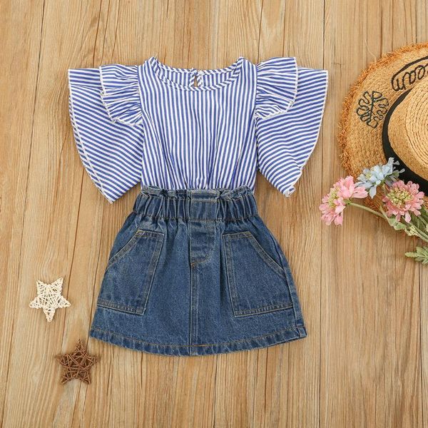 

kids baby girls fashion 2-piece outfit set sleeve striped ruffle folds +denim elastic skirt set, White