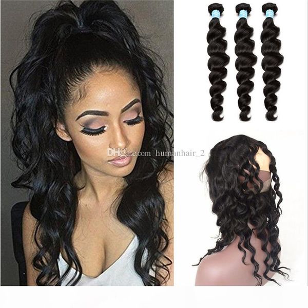 

raw indian human remy hair with 360 lace frontal loose deep wave hair bundles with pre plucked 360 lace frontal closure baby hair, Black;brown