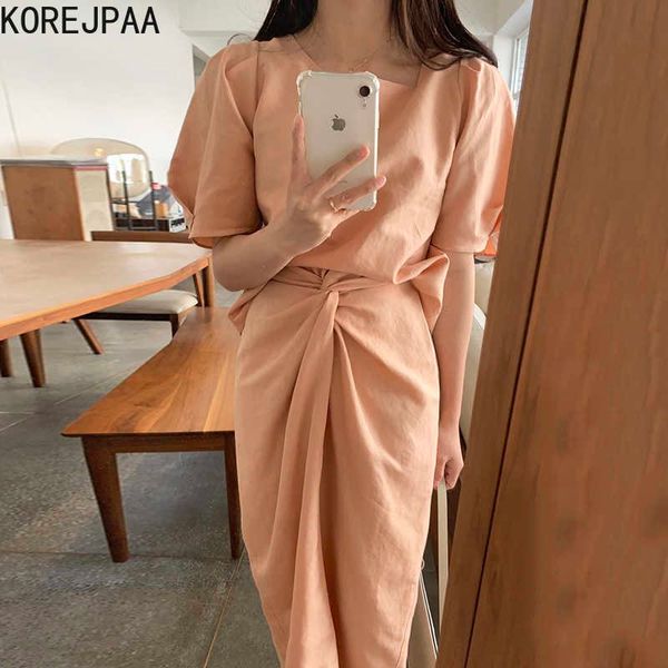 

korejpaa women sets summer korean chic ladies temperament thin square neck loose puff sleeve shirt high waist twist skirt 210526, White
