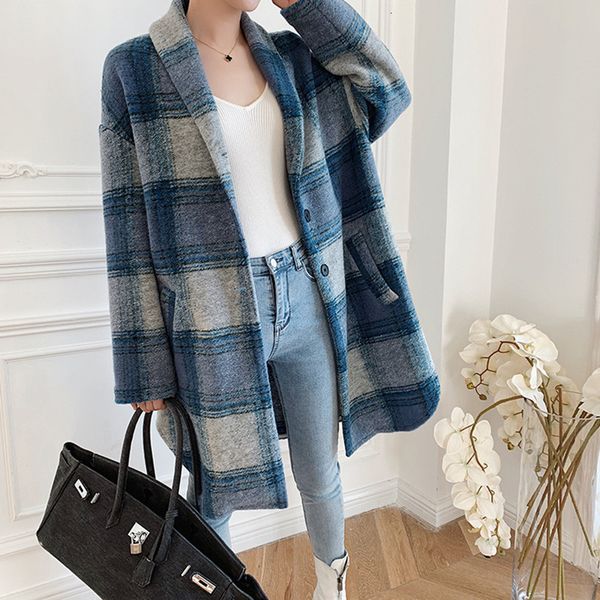 

2021 new jaqueta l de comprimento mdio xadrez manga longa solta nico breasted outono e inverno novo casaco casual feminino com bolsos ykqh, Black