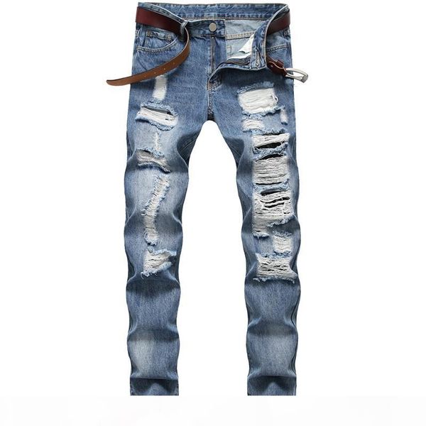 

holes designer men jeans straight slim mens denim pants casual long mid waist light blue male jeans