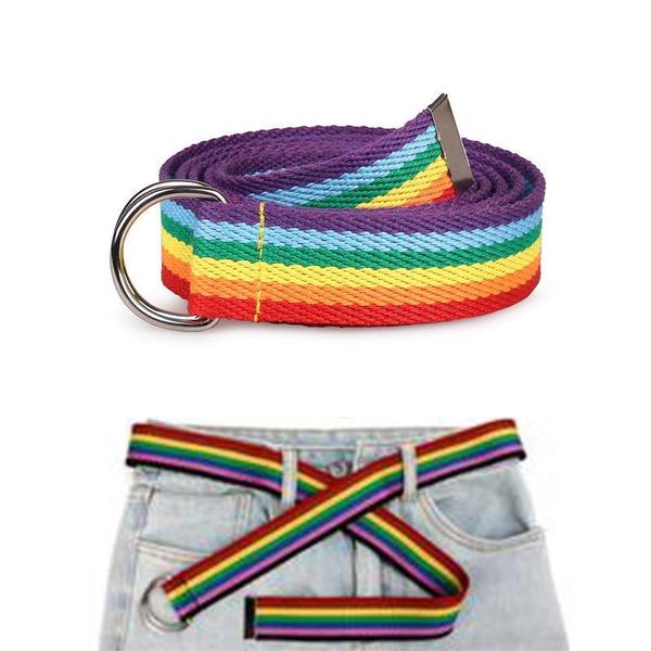 

fashion trendy rainbow color women's belt double ring thin tight belt canvas waist decorative dress jeans accessories, Black;brown