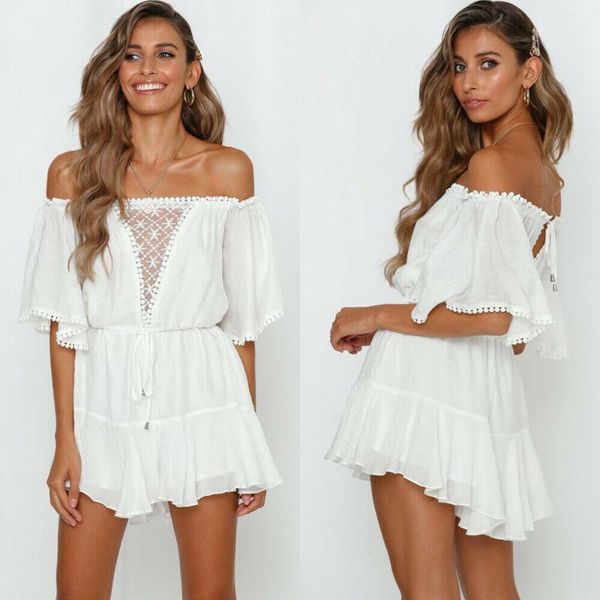 

women's jumpsuits & rompers summer boho chiffon loose jumpsuit party beach club romper off shoulder short sleeve, Black;white