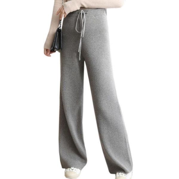 

women's pants & capris 2021 autumn winter women 100% cashmere and wool soft waxy comfortable high-waist knitted female thicken wide leg, Black;white