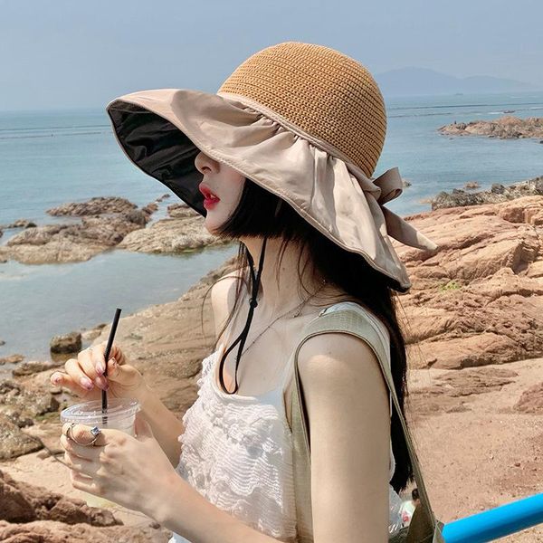 

caps & hats summer black rubber bow sunshade hat women's hollow straw uv protection big eaves sunscreen fisherman's, Yellow