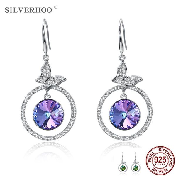 

silverhoo 925 sterling silver drop earrings for women round austrian crystal earrings party wedding fine jewelry gift new
