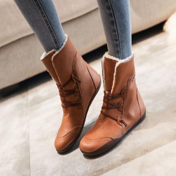 

boots women's shoes winter ankle ladies female fur lace up leather large size fashion waterproof white, Black