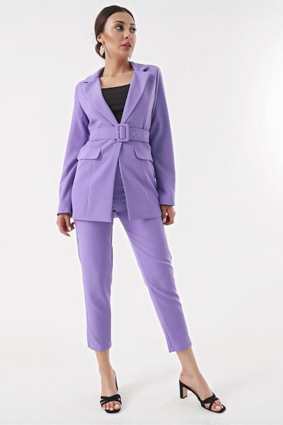 

women's two piece pants arched jacket suit season modern design belt detail business office dining invitation elegant twinset, White