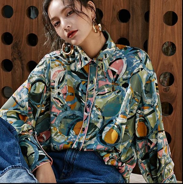 

deat] women printed contrast color split new lapel long sleeve loose fit shirt fashion tide spring summer 2021 13r709, White