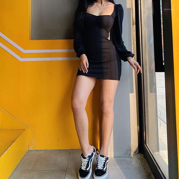 

casual dresses harajuku pure knitting full sleeve low cut dress women 2021 office lady street black red simple bodycon mini, Black;gray