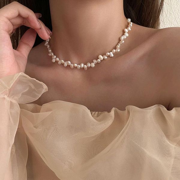 

chokers lovoavv french simple irregular freshwater pearl necklace for women white baroque pearls necklaces wedding jewelry gift, Golden;silver