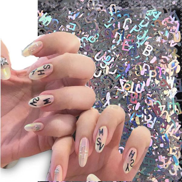 

nail art decorations 1 bag english alphabet letter sequins 6 colors mirror sparkly laser mixed diy 3d flakes slices accessories, Silver;gold