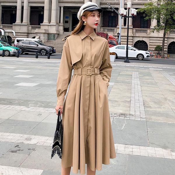 

women's trench coats [ewq] spring autumn 2021 coat with belt pleated hem for women chic lapel solid color windbreaker overcoat, Tan;black