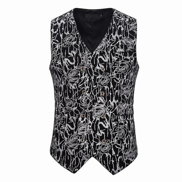 

men's vests classic v neck double breasted vest men 2021 fashion rose floral bronzing print suit waistcoat party wedding gilet, Black;white