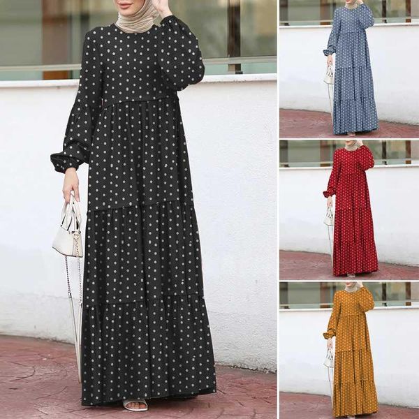 

ethnic clothing vintage muslim ruffle dress women's polka dot print sundress zanzea 2021 puff sleeve maxi vestido female dubai abaya tu, Red