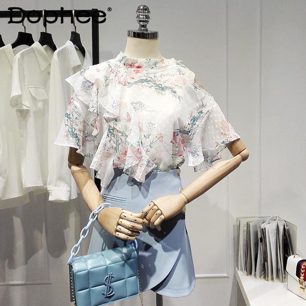 

women's blouses & shirts off-shoulder floral shirt ruffle patchwork short-sleeved chiffon blouse blusas mujer de moda 2021 summer elega, White