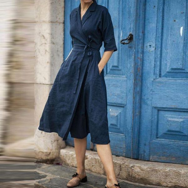 

party dresses autumn women elegant half sleeve cotton linen dress mujer style fashion temperament solid lapel wrap lace-up long, White;black