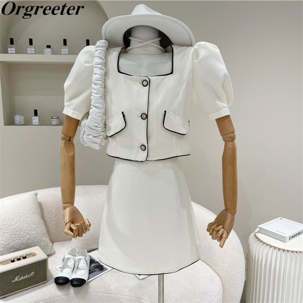 

fashion ensemble femme women summer temperament retro bubble sleeve square collar shirt mini skirt two piece set female 210602, White