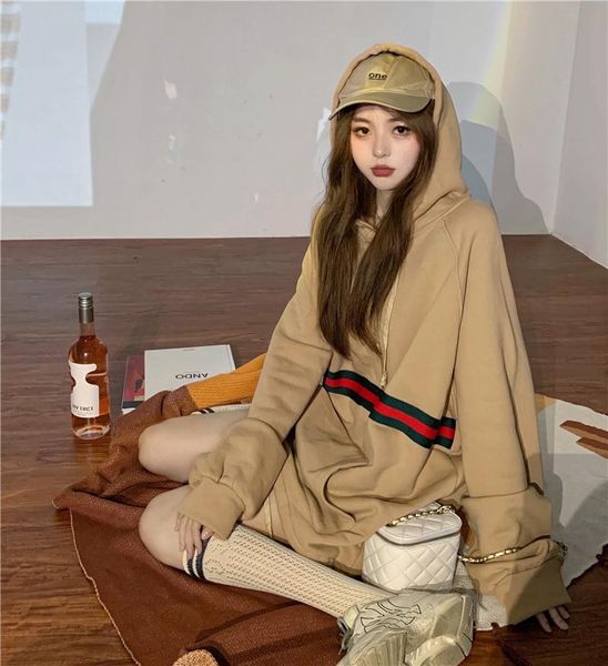 

women's hoodies & sweatshirts fall/winter 2021 korean hooded mid-length contrasting sweatshirt with hood winter coats, Black