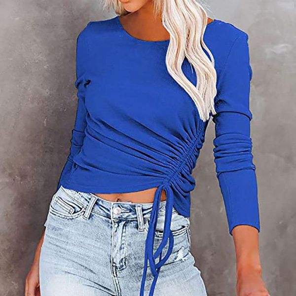 

women's t-shirt women drawstring t-shirts pullover solid color long sleeve round collar casual shirts female ladies autumn spring, White