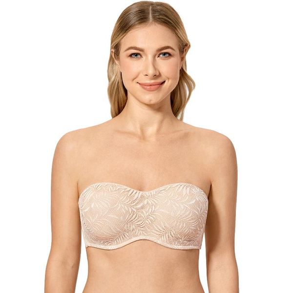 

bras women's strapless minimizer bra plus size underwire floral lace bandeau for large bust, Red;black