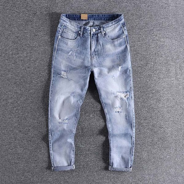 

spring and summer trend light blue retro frosted white jeans men's slim small straight leg youth pants versatile capris 0331 vgys, White;black