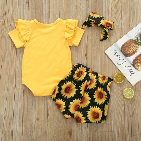 

6-24m baby girl clothes newborn romper girls short sleeve casual bodysuit kids shorts sunflower outfit summer 3pcs, Blue