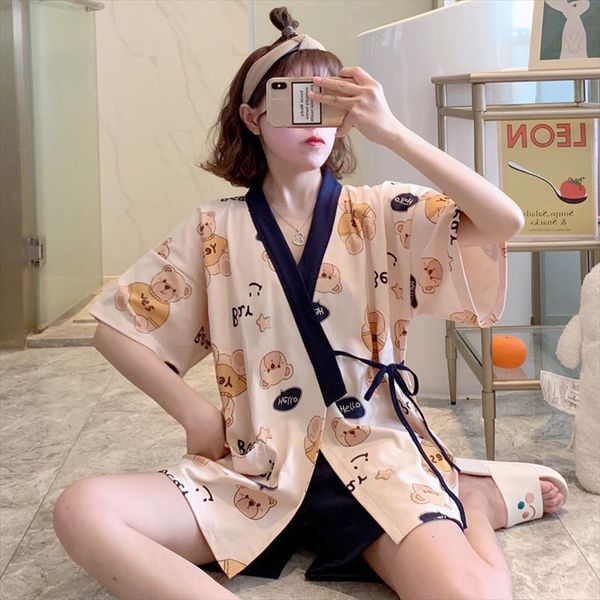 

pajamas set japanese kimono pyjamas womens sleepwears kawaii cartoon yukata summer cotton short sleeve homesuit harajuku anime pijamas party, Black;red