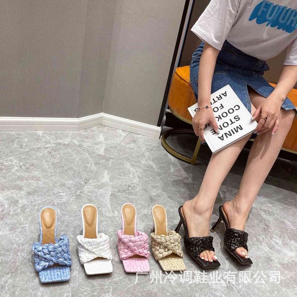 

shoes women's slippers square head woven thin high heels one-line large slippers, Black