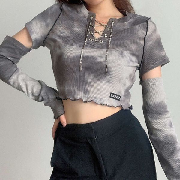 

wind 2020 street men's new metal drawstring letter embroidery irregular long sve short open navel t-shirt, White
