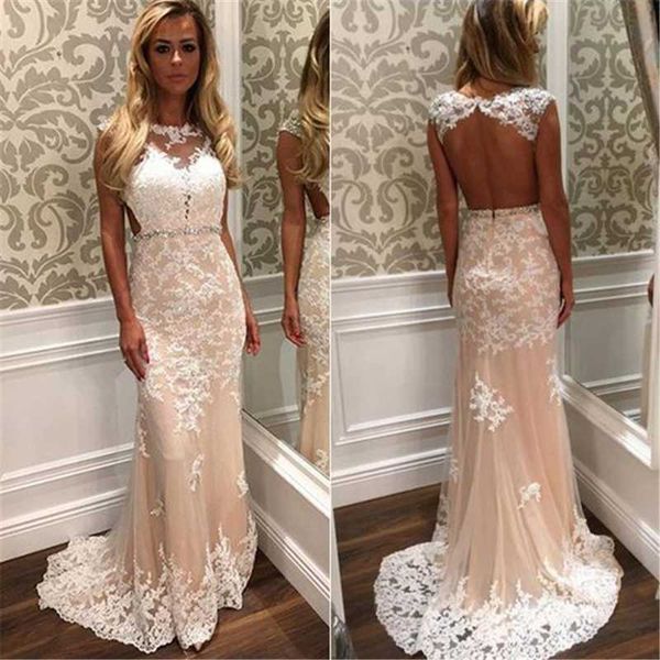 

party dresses scoop neck lace appliques mermaid prom backless long slim natural waistline women evening gowns custom made, White;black
