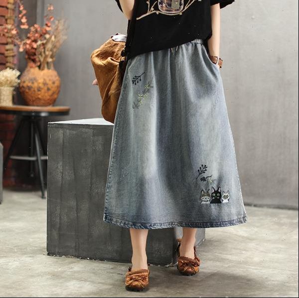

2021 summer new embroidery denim skirt t elastic waist lace retro art women skirt 2484 drop shipping, Black