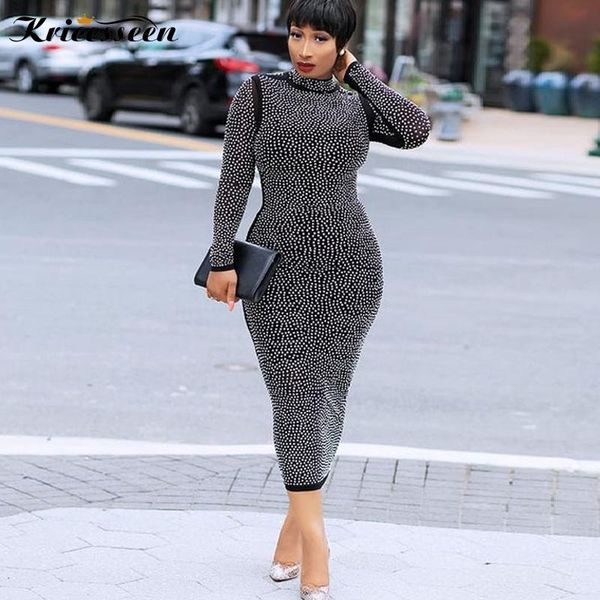 

casual dresses kricesseen black rhinestones crystal midi dress autumn women long sleeve hollow out bodycon night clubwear, Black;gray