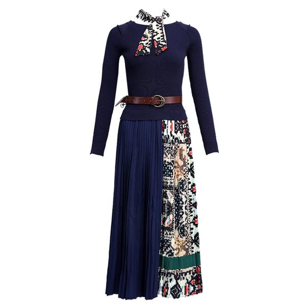 

casual dresses perhaps u women black green purple patchwork print pleat midi dress knitted long sleeve d1550, Black;gray