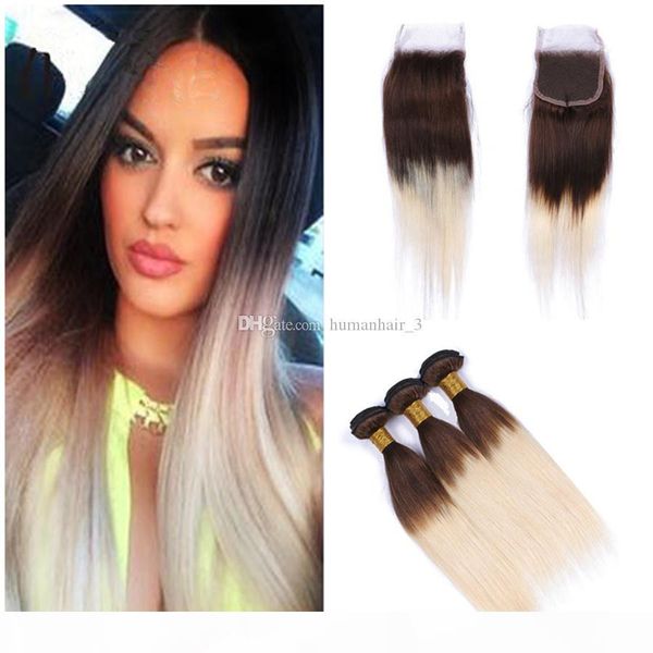 

two tone color #4 613 brown blonde straight hair with lace closure ombre human hair weaves virgin malaysian hair bundles with lace closure, Black;brown