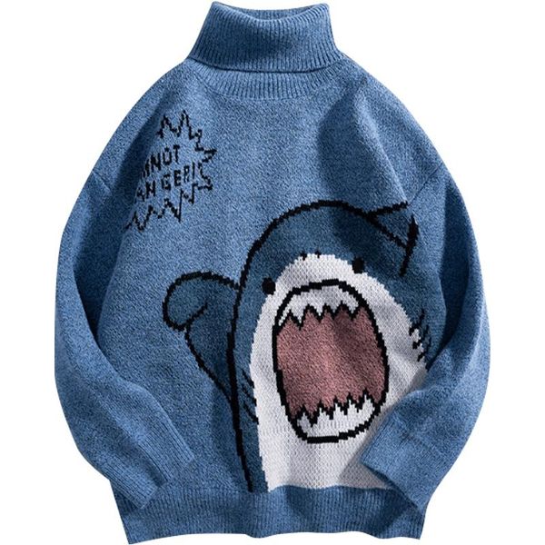 

men's sweaters hip hop harajuku high neck vintage sweater 2021 winter japanese cartoon knitted couples streetwear men pullovers knit, White;black